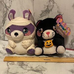NWT, Lot Of 2 Squeezamals Plumps 5” Halloween Themed Plush - Black Cat & Mummy
